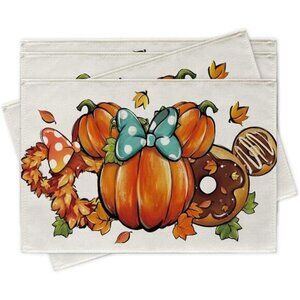 Fall Thanksgiving Cartoon Mouse Placemats Set of 4, Autumn Pumpkin Wreath‎ Decor